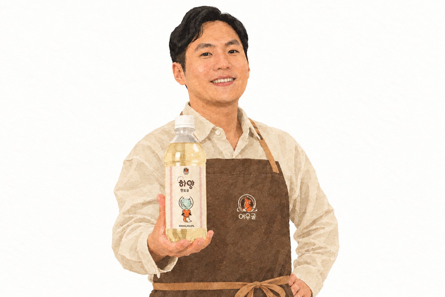 갈색 앞치마를 두르고 하양한모금 병을 든 정연우 대표의 한지 그림