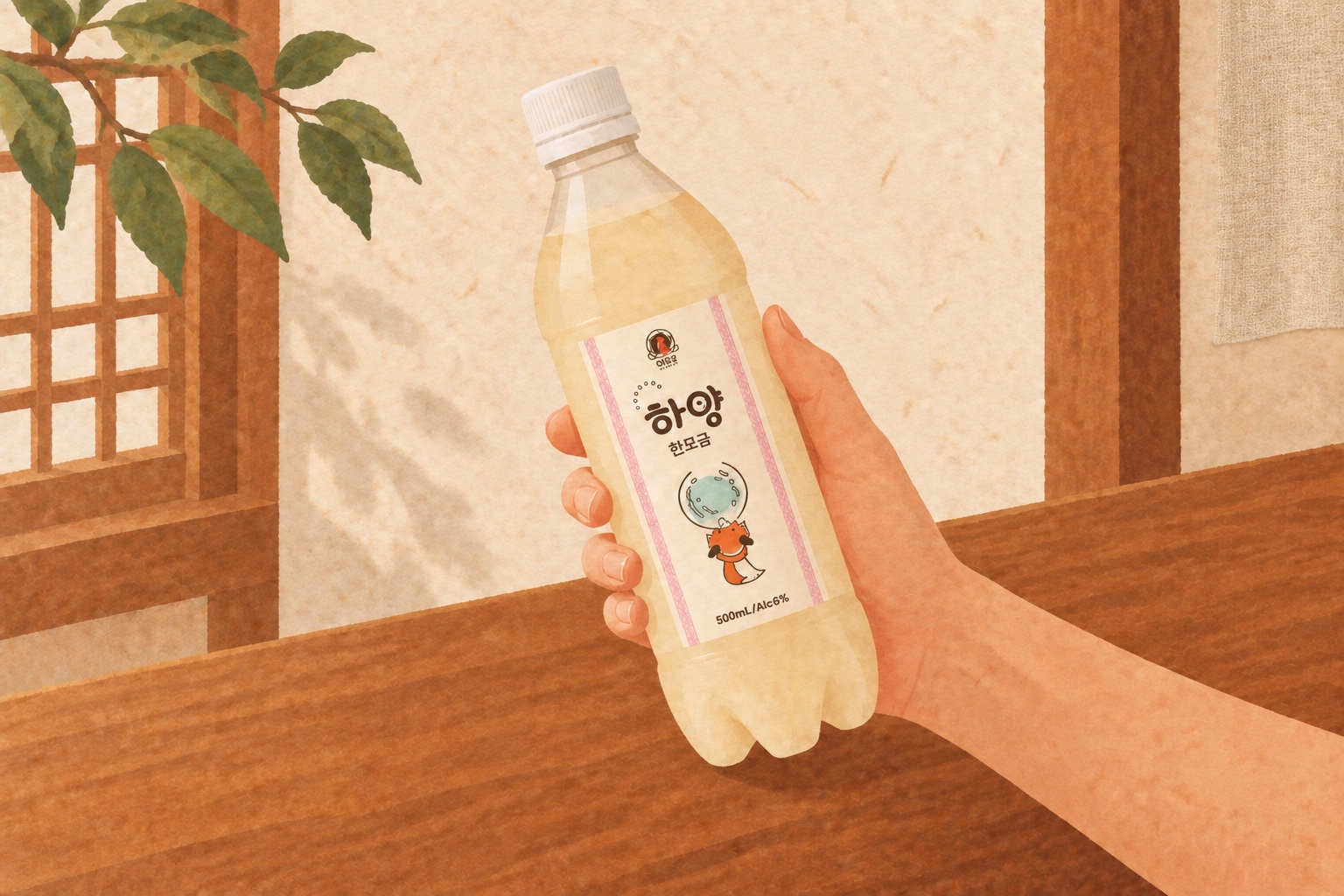 따뜻한 빛과 베이지 린넨을 배경으로 하양한모금 병을 든 손의 한지 그림
