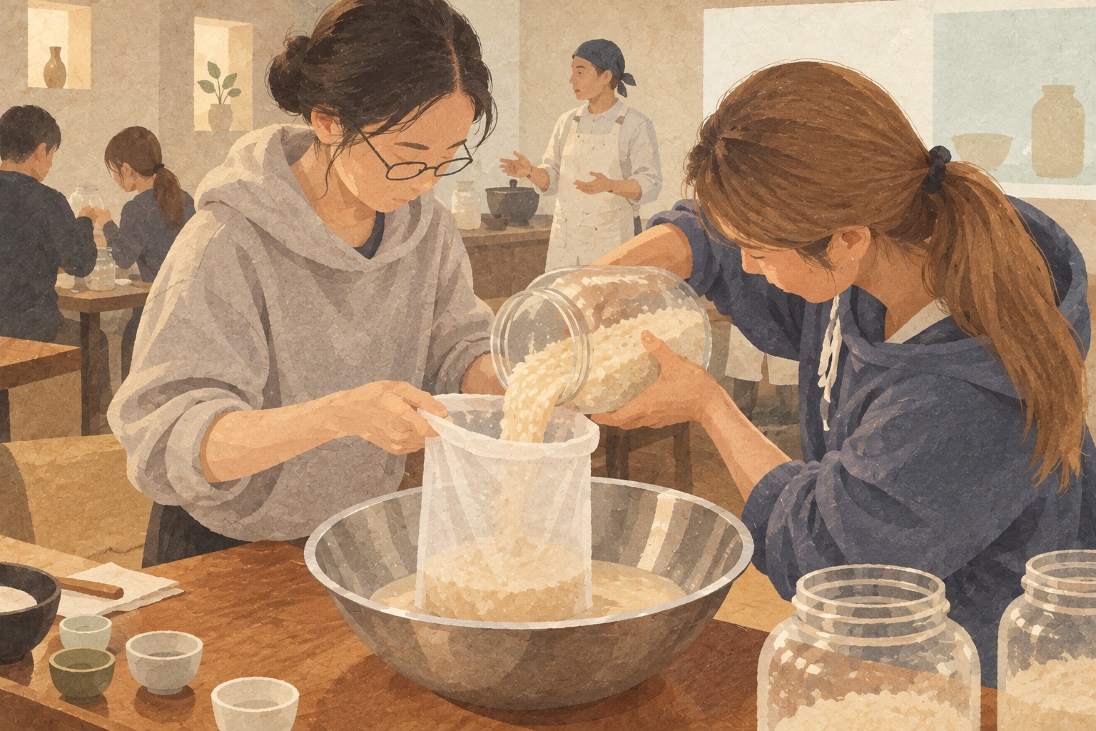 두 참가자가 함께 쌀을 거름망에 부으며 술을 빚는 장면의 한지 그림