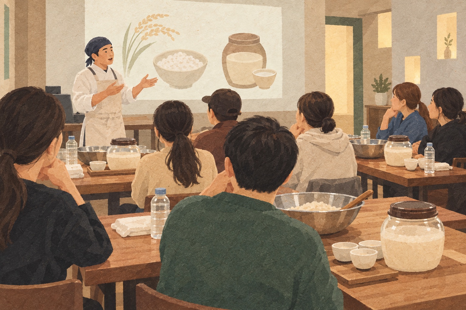 양조사가 화면 앞에서 쌀과 누룩, 술독을 설명하는 장면의 한지 그림