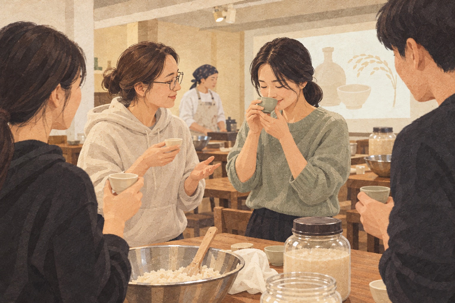 참가자들이 작은 잔으로 막걸리를 맛보며 이야기를 나누는 장면의 한지 그림